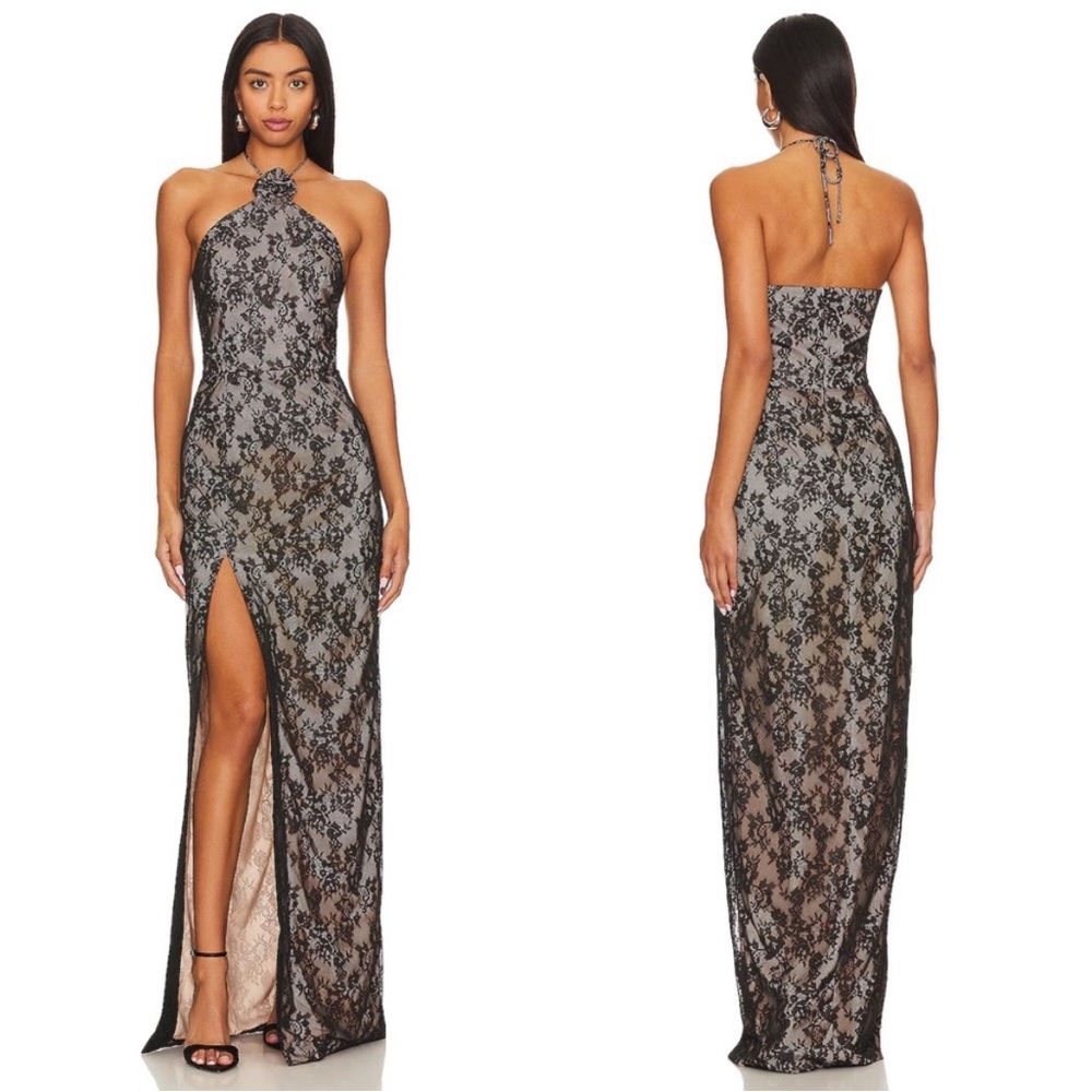 Amanda Uprichard Sandy Gown in Black Revolve lace halter evening formal party
